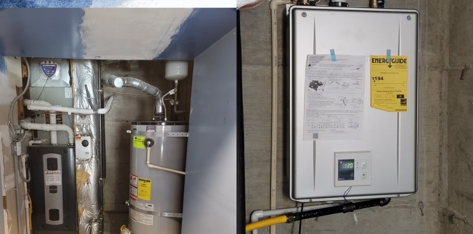 Before and after tankless water heater conversion